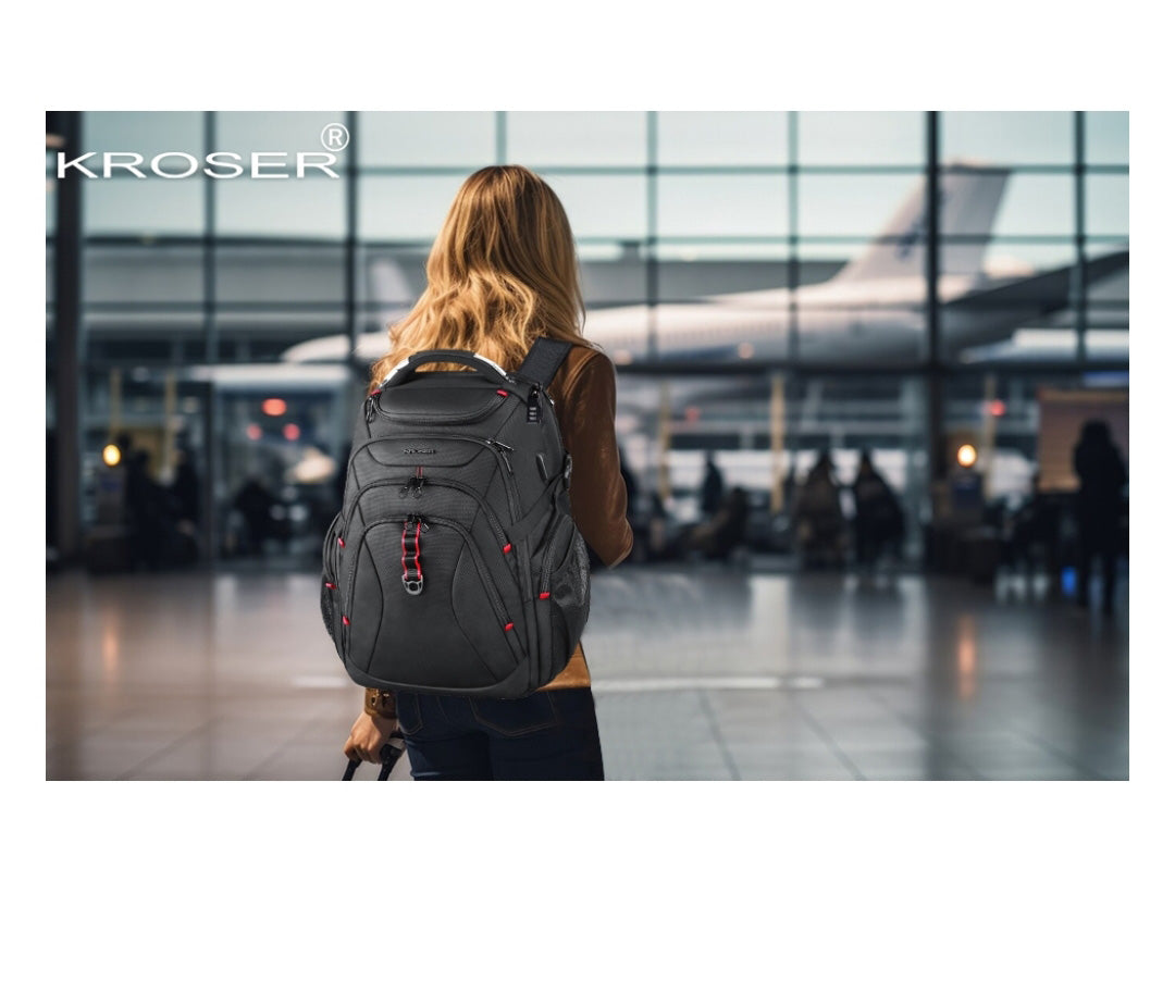 Kroser 50L Travel Laptop Backpack – TSA-Friendly, Water-Resistant, RFID Safe – USB Port - Zip Lock & 17 Inch Laptop Compartment – Black