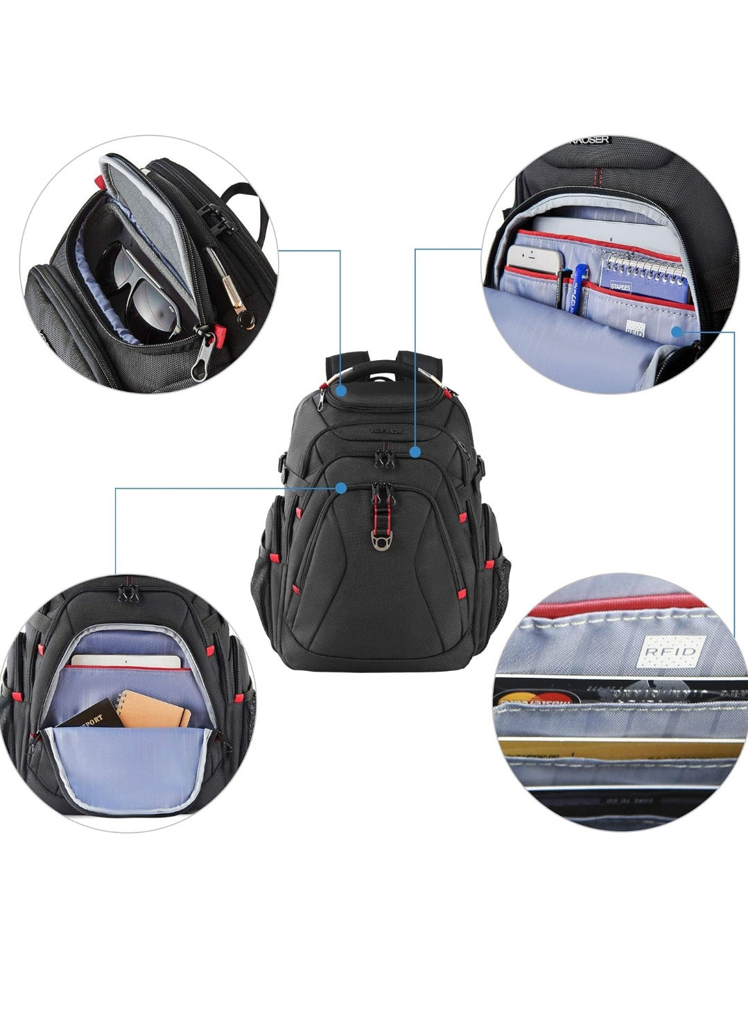 Kroser 50L Travel Laptop Backpack – TSA-Friendly, Water-Resistant, RFID Safe – USB Port - Zip Lock & 17 Inch Laptop Compartment – Black
