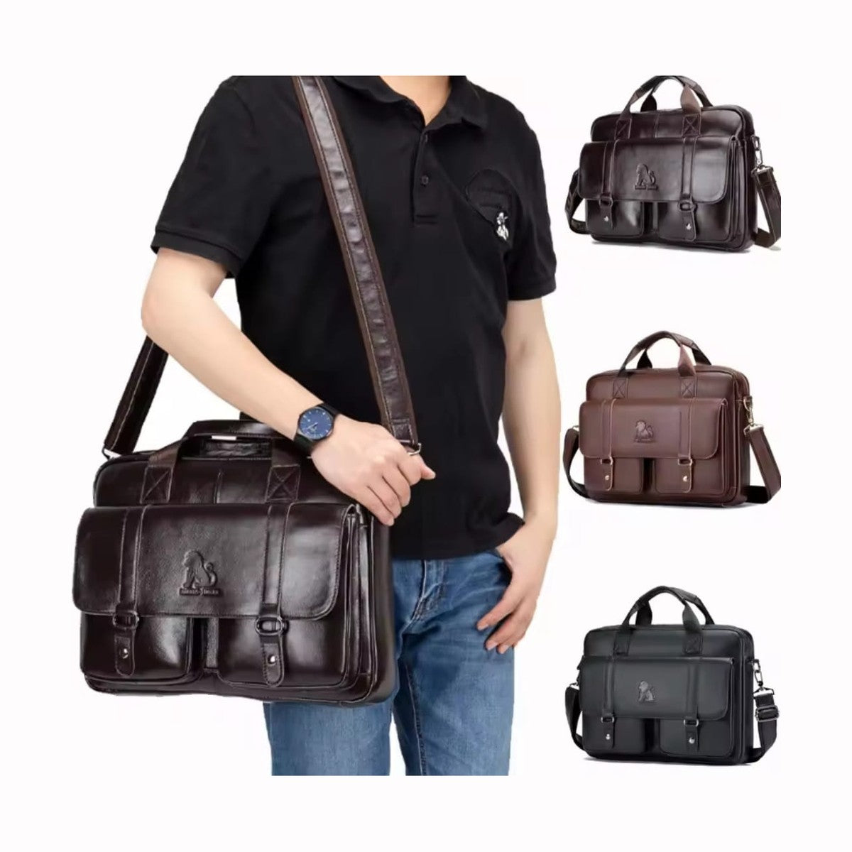 Executive Leather Men’s Briefcase – Elegant, Spacious Shoulder Bag with Organized Pockets for Daily Use