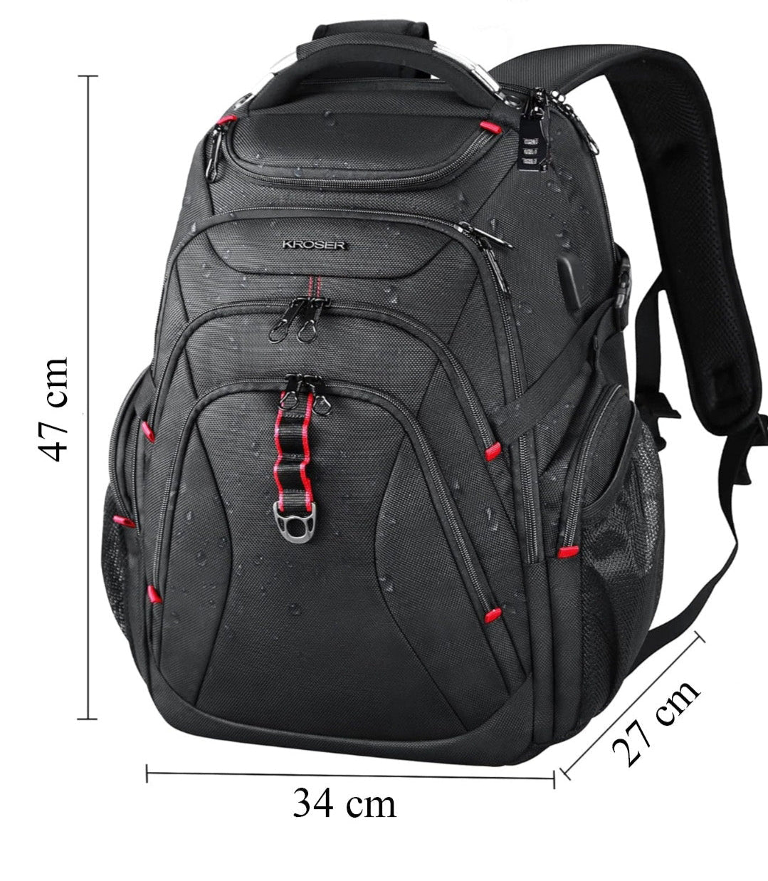 Kroser 50L Travel Laptop Backpack – TSA-Friendly, Water-Resistant, RFID Safe – USB Port - Zip Lock & 17 Inch Laptop Compartment – Black