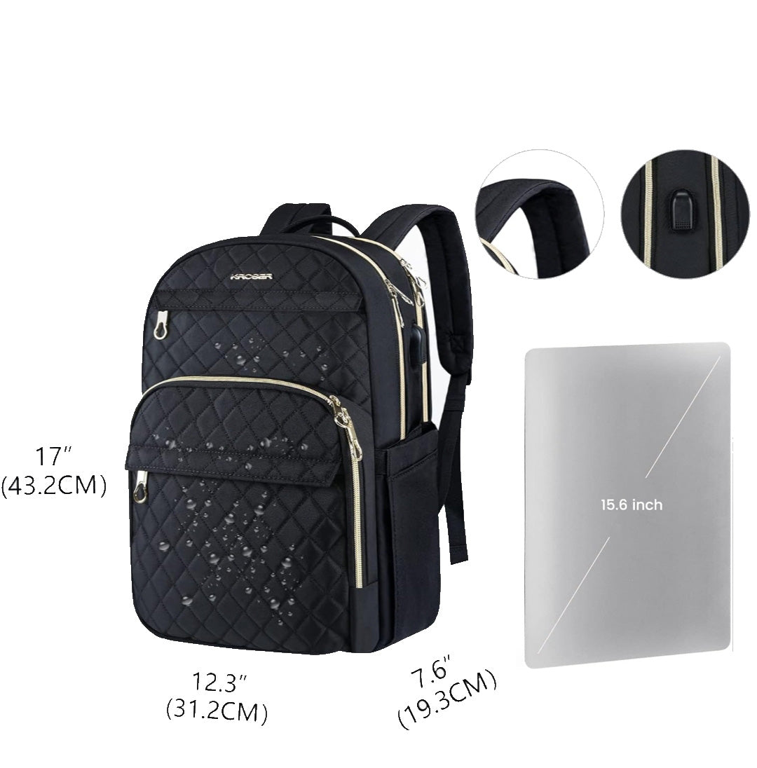 Kroser 15.6-Inch Laptop Backpack Water-Resistant, Lightweight & Spacious with Gold Zippers – Unisex, Black