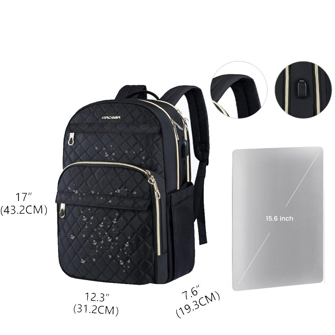 Laptop Backpack 15.6-Inch Water-Resistant, Lightweight & Spacious with Gold Zippers – Unisex, Black