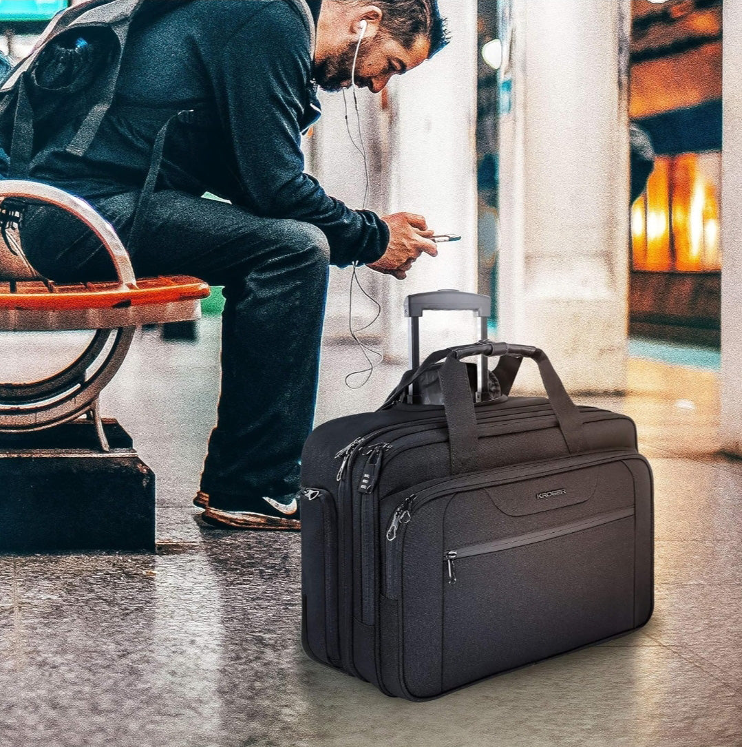 Kroser 17-Inch Laptop Trolley Lightweight Business Travel Case with RFID Blocking - Anti Theft Features & Water-Repellent Design - Black