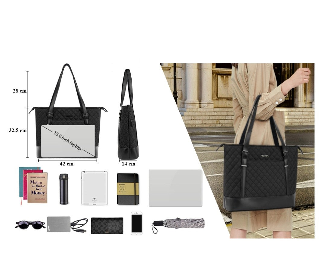 KROSER Women’s 15.6-Inch Stylish Laptop Handbag, Waterproof & Lightweight Tote with USB Port – Black