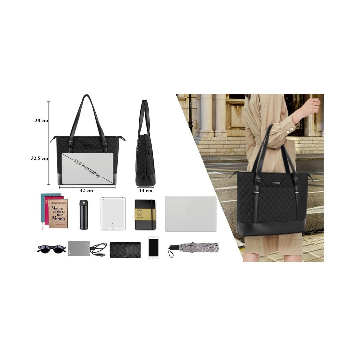 Women’s Laptop Handbag 15.6 Inch Waterproof & Lightweight USB Port – Black