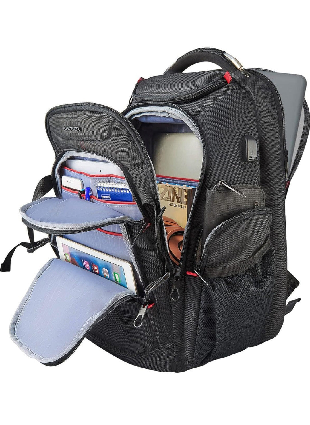 Kroser 50L Travel Laptop Backpack – TSA-Friendly, Water-Resistant, RFID Safe – USB Port - Zip Lock & 17 Inch Laptop Compartment – Black