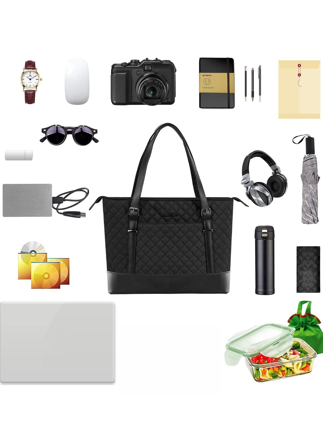 KROSER Women’s 15.6-Inch Stylish Laptop Handbag, Waterproof & Lightweight Tote with USB Port – Black