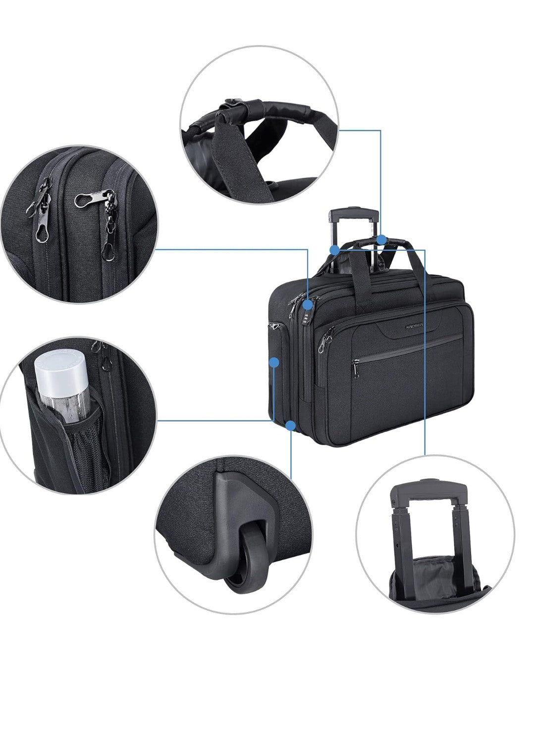 Kroser 17-Inch Laptop Trolley Lightweight Business Travel Case with RFID Blocking - Anti Theft Features & Water-Repellent Design - Black