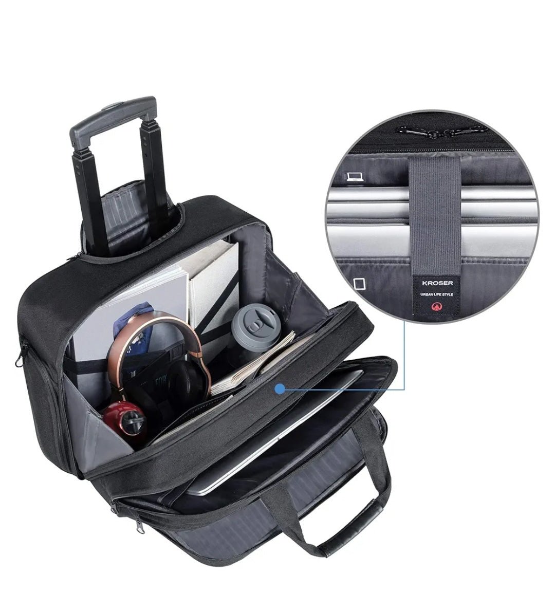 Kroser 17-Inch Laptop Trolley Lightweight Business Travel Case with RFID Blocking - Anti Theft Features & Water-Repellent Design - Black