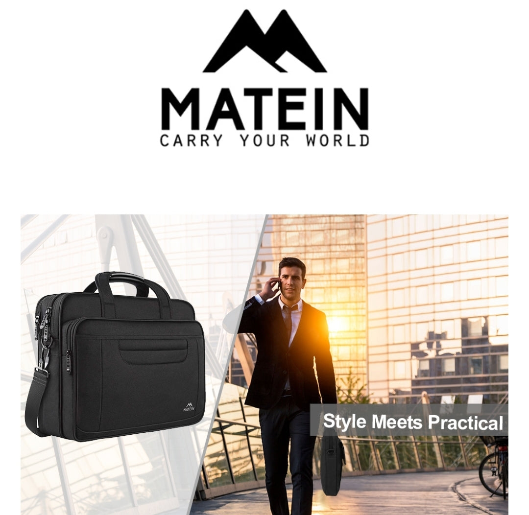 Matein 17-Inch Laptop Briefcase – Water-Resistant, Anti-Theft, and Foam-Protected – Spacious Nylon Shoulder Bag – Black