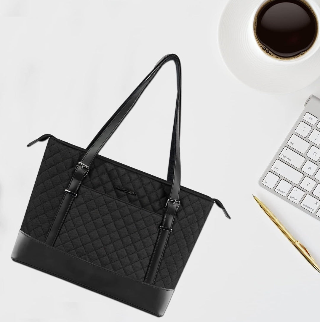 KROSER Women’s 15.6-Inch Stylish Laptop Handbag, Waterproof & Lightweight Tote with USB Port – Black