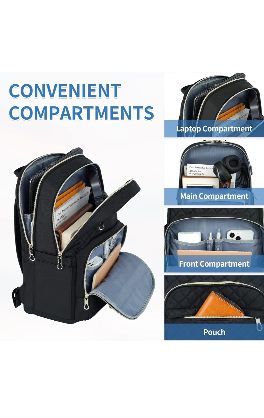 Kroser 15.6-Inch Laptop Backpack Water-Resistant, Lightweight & Spacious with Gold Zippers – Unisex, Black