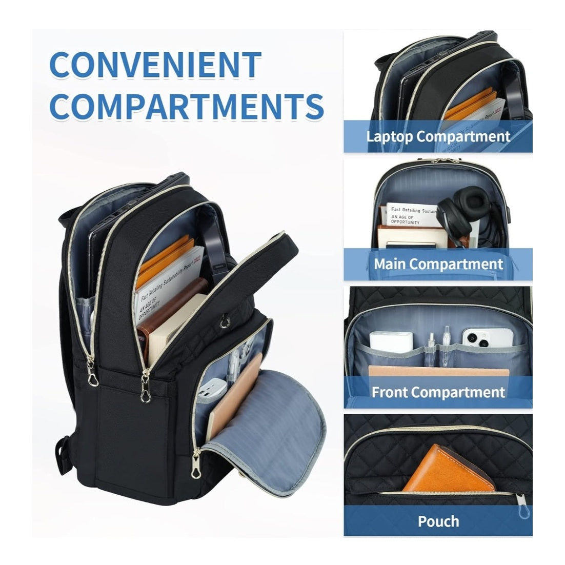 Laptop Backpack 15.6-Inch Water-Resistant, Lightweight & Spacious with Gold Zippers – Unisex, Black