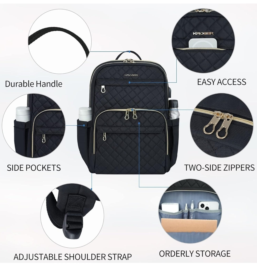 Kroser 15.6-Inch Laptop Backpack Water-Resistant, Lightweight & Spacious with Gold Zippers – Unisex, Black
