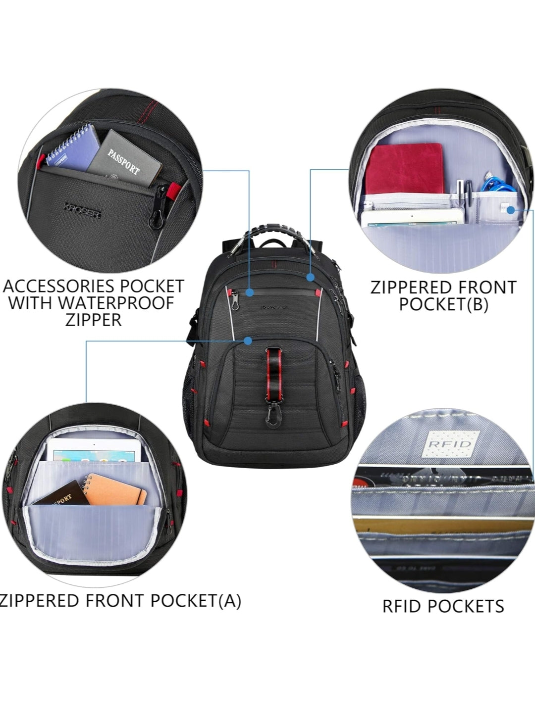 Kroser 48L Travel Laptop Backpack TSA-Friendly - Water Resistant & Anti Theft – Zip Lock - Fits 17 inch Laptops - Black