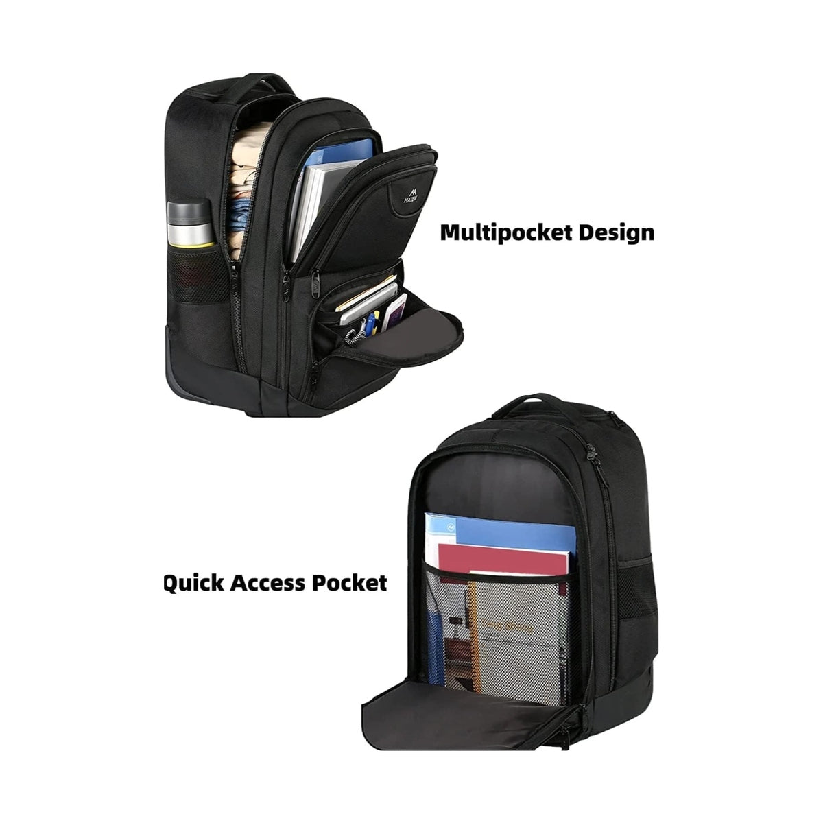 Trolley Backpack 38L Water-Resistant, RFID Safe & Anti-Theft Hybrid Travel Bag with Rubber Wheels, Black
