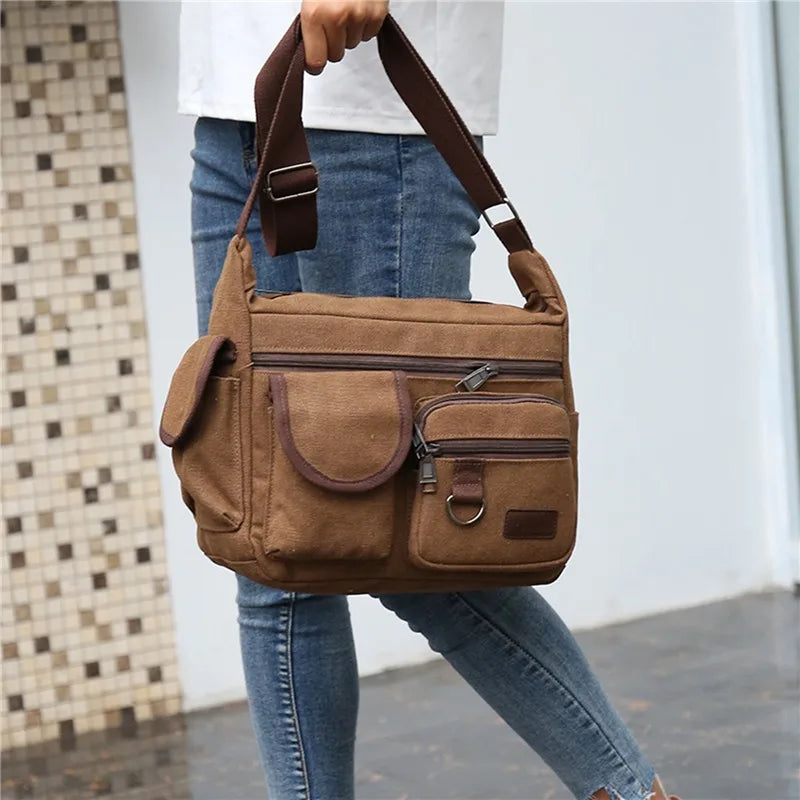 Vintage Crossbody Messenger Shoulder Bag, Multi-Pocket Design for Everyday, School & Business Use