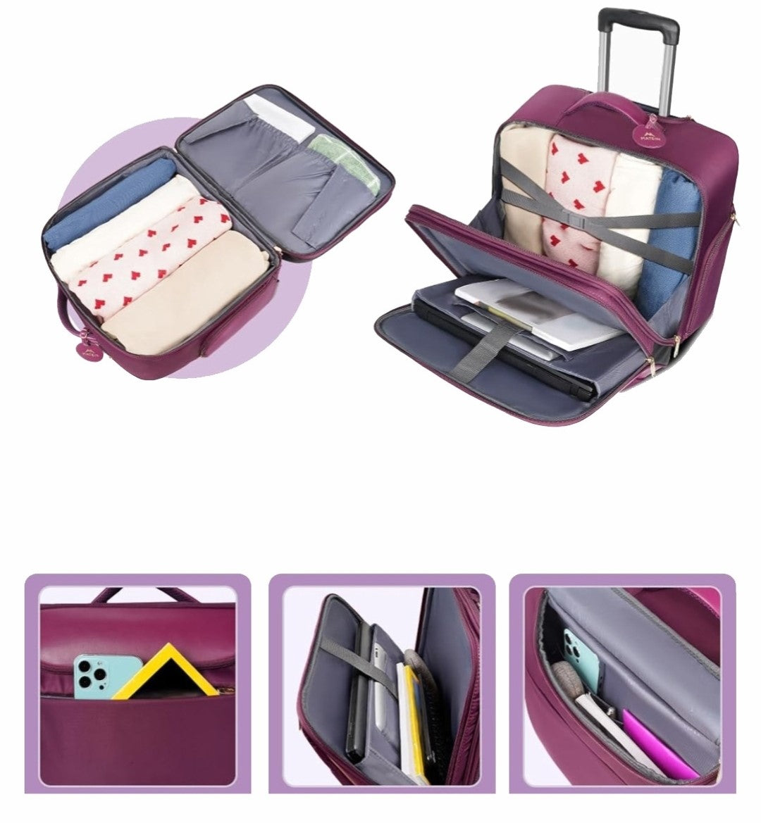 Matein 17-Inch Laptop Trolley for Women Water-Resistant, Anti-Theft & Spacious with Rubber Wheels Includes 3-Piece Storage Set – Purple