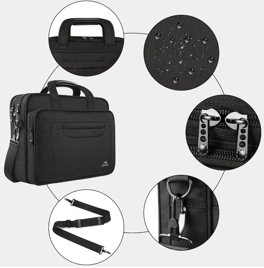 Matein 17-Inch Laptop Briefcase – Water-Resistant, Anti-Theft, and Foam-Protected – Spacious Nylon Shoulder Bag – Black