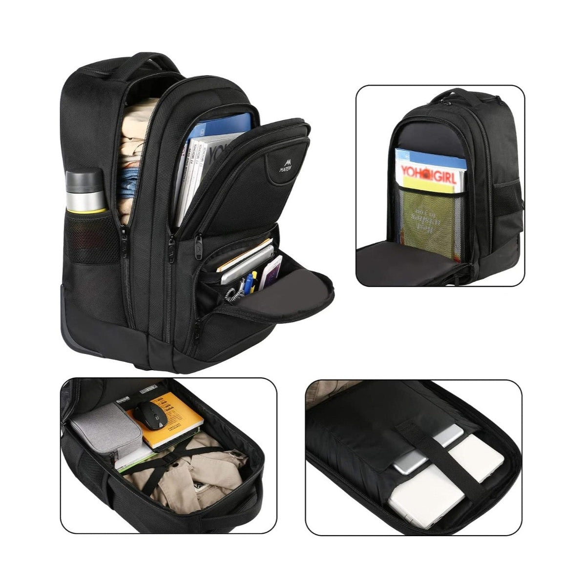 Trolley Backpack 38L Water-Resistant, RFID Safe & Anti-Theft Hybrid Travel Bag with Rubber Wheels, Black
