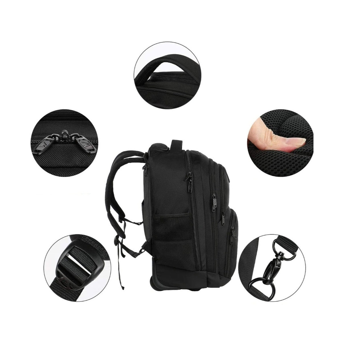 Trolley Backpack 38L Water-Resistant, RFID Safe & Anti-Theft Hybrid Travel Bag with Rubber Wheels, Black