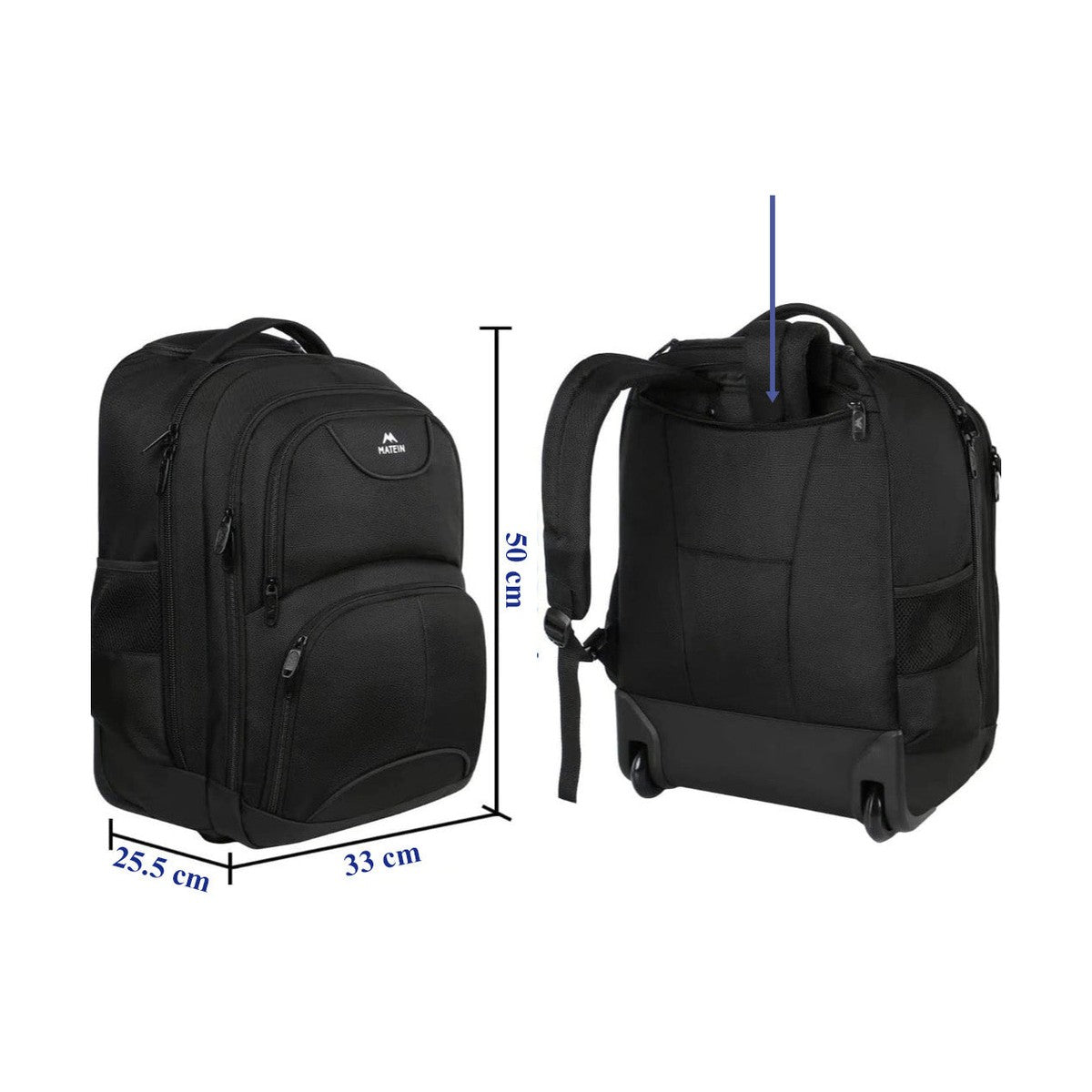 Trolley Backpack 38L Water-Resistant, RFID Safe & Anti-Theft Hybrid Travel Bag with Rubber Wheels, Black