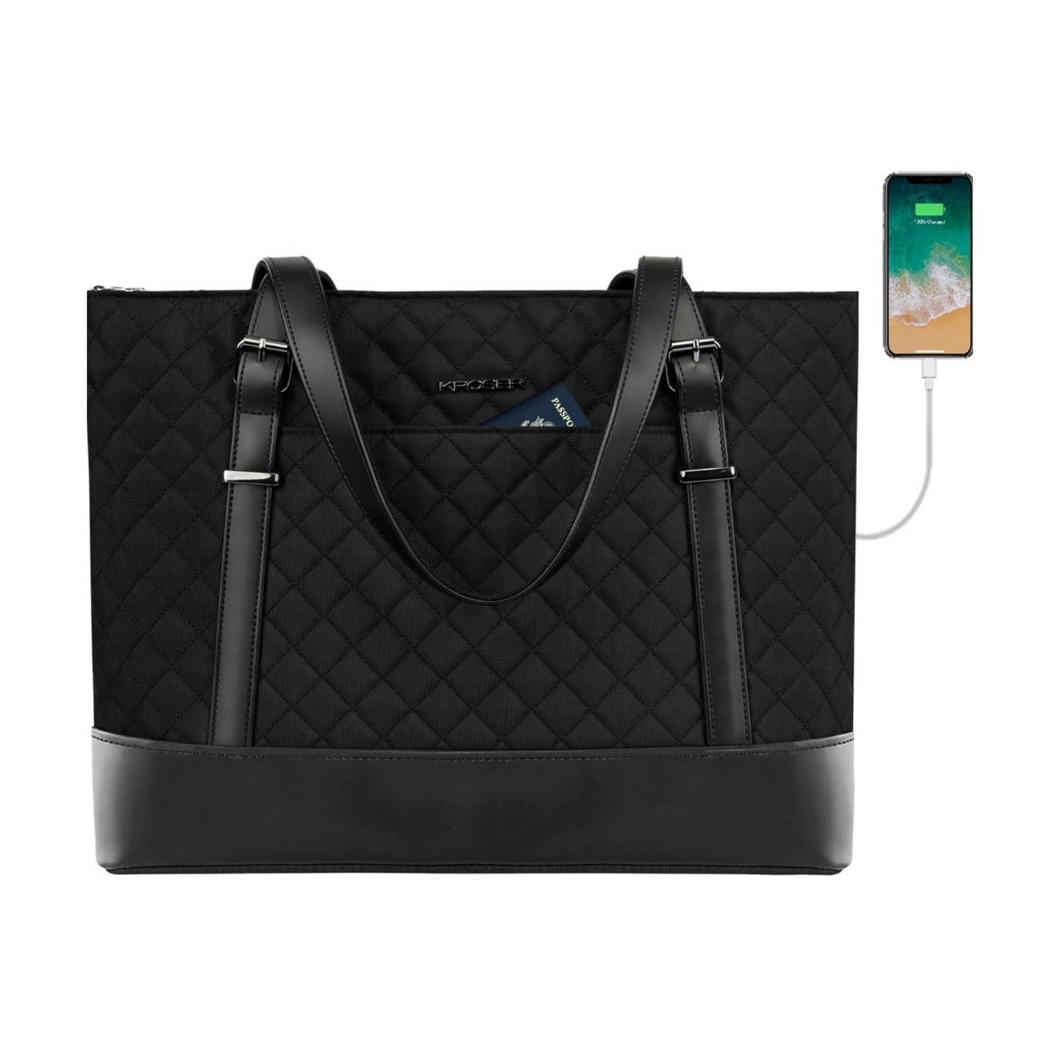 KROSER Women’s 15.6-Inch Stylish Laptop Handbag, Waterproof & Lightweight Tote with USB Port – Black