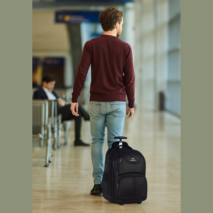 Trolley Backpack 38L Water-Resistant, RFID Safe & Anti-Theft Hybrid Travel Bag with Rubber Wheels, Black