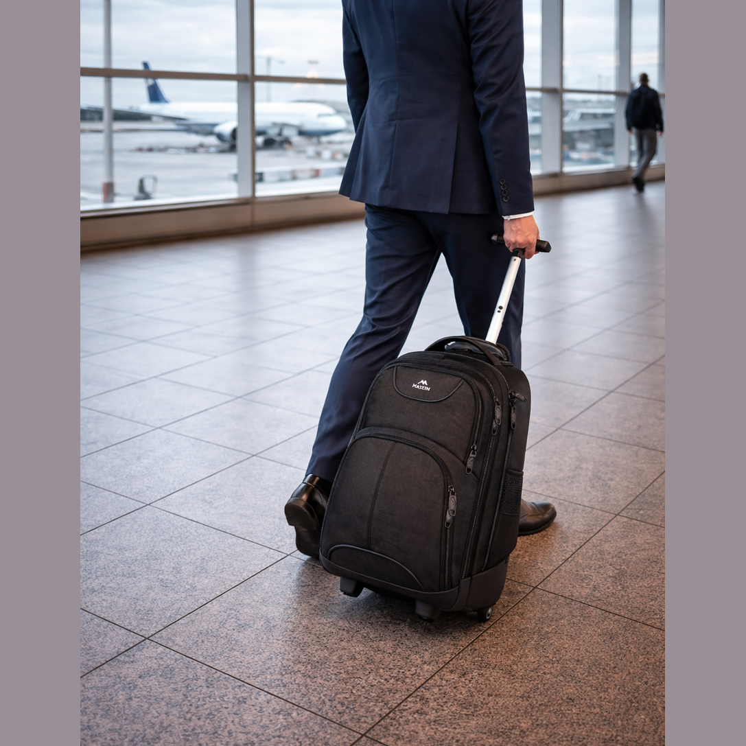 Trolley Backpack 38L Water-Resistant, RFID Safe & Anti-Theft Hybrid Travel Bag with Rubber Wheels, Black