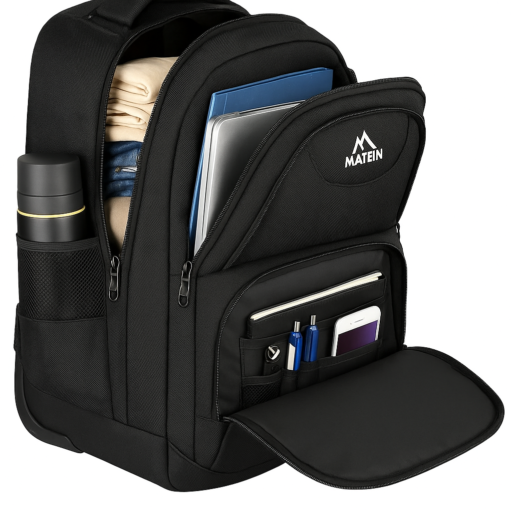 Trolley Backpack 38L Water-Resistant, RFID Safe & Anti-Theft Hybrid Travel Bag with Rubber Wheels, Black