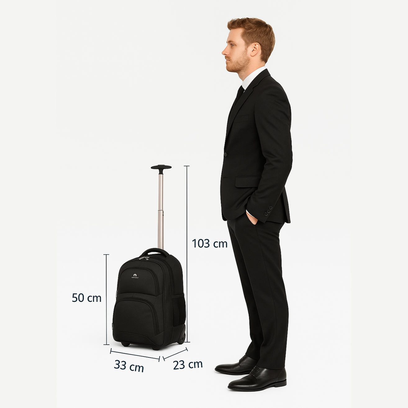 Trolley Backpack 38L Water-Resistant, RFID Safe & Anti-Theft Hybrid Travel Bag with Rubber Wheels, Black