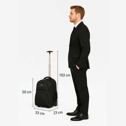 Trolley Backpack 38L Water-Resistant, RFID Safe & Anti-Theft Hybrid Travel Bag with Rubber Wheels, Black