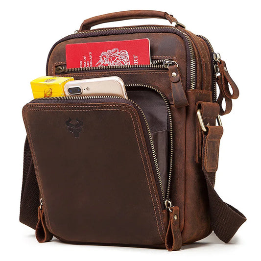 Vintage Leather Crossbody Bag – Lightweight Shoulder Bag with Multiple Zip Pockets for Mobile Phone, Cards, Keys & Small iPad – Ideal for Hiking, Work & Everyday Use