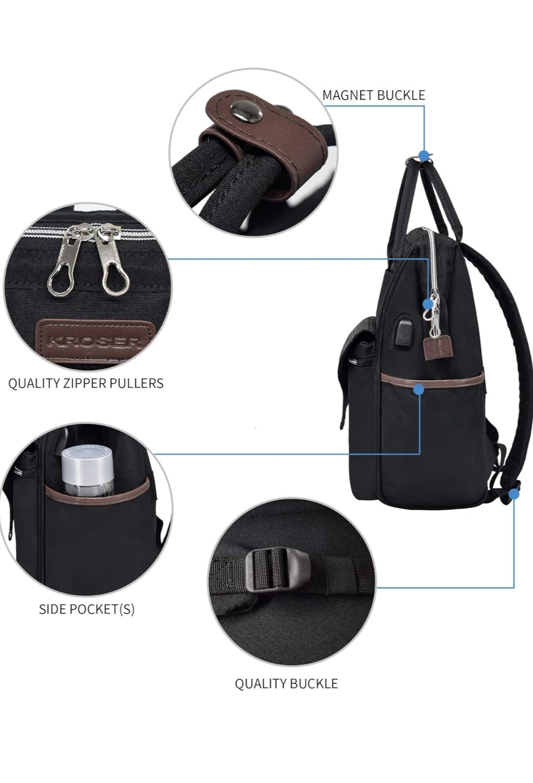 Kroser 15.6-Inch Laptop Bag Lightweight, Water-Resistant Shoulder Backpack with USB Port – Unisex, Black