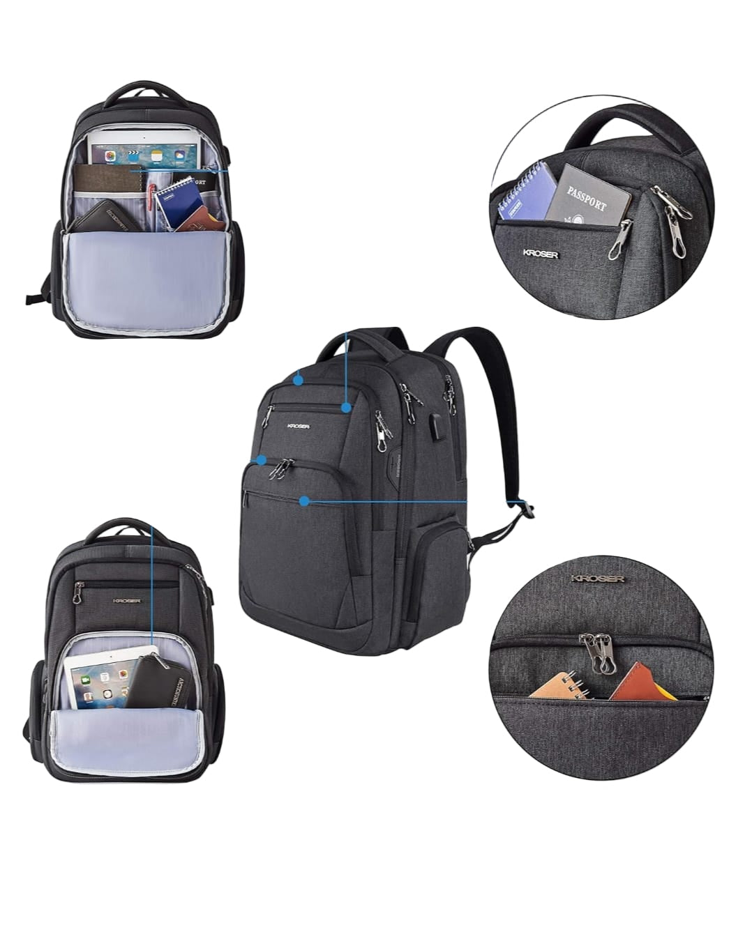 KROSER 17-Inch Travel Laptop Bag – Lightweight, Water-Resistant with Multiple Compartments, Soft Padding, USB Port & Earphone Hole