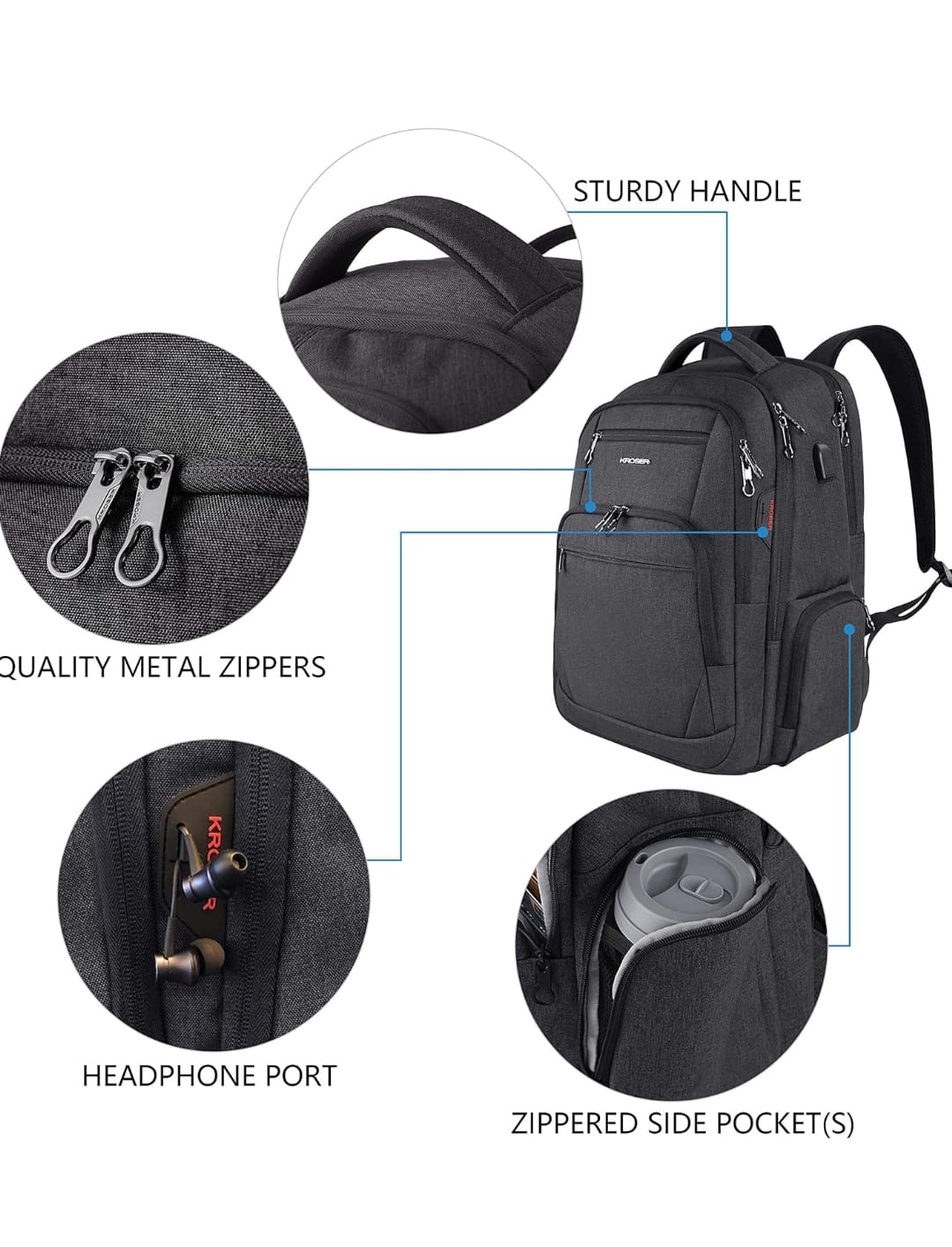 KROSER 17-Inch Travel Laptop Bag – Lightweight, Water-Resistant with Multiple Compartments, Soft Padding, USB Port & Earphone Hole
